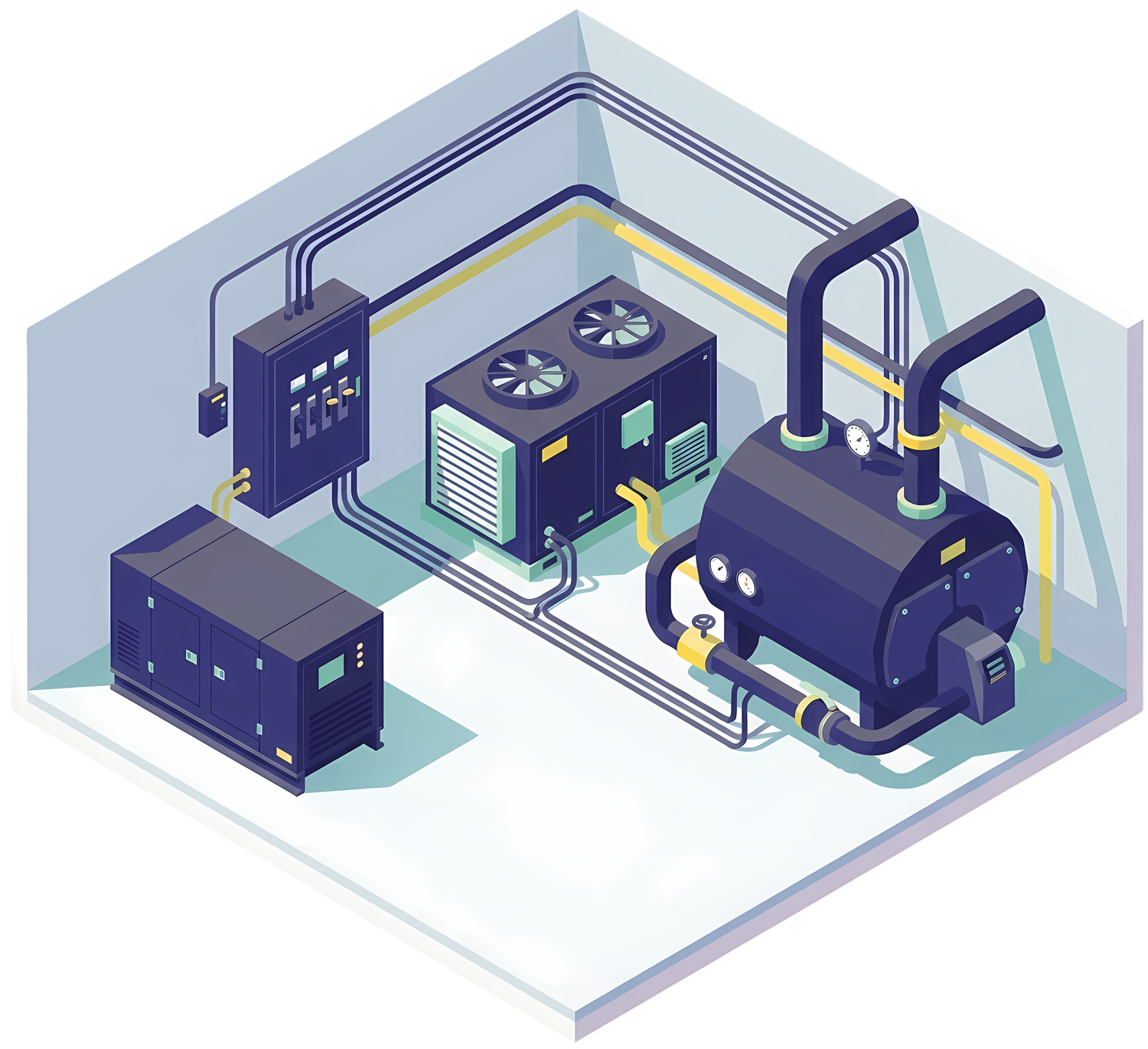 Isometric illustration of a commercial mechanical room with boiler, HVAC, and generator