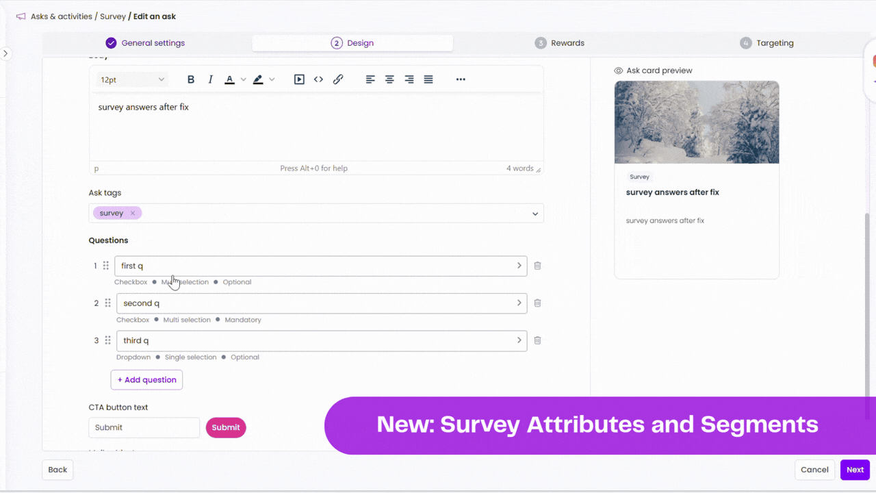 Survey attributes and audiences in Base