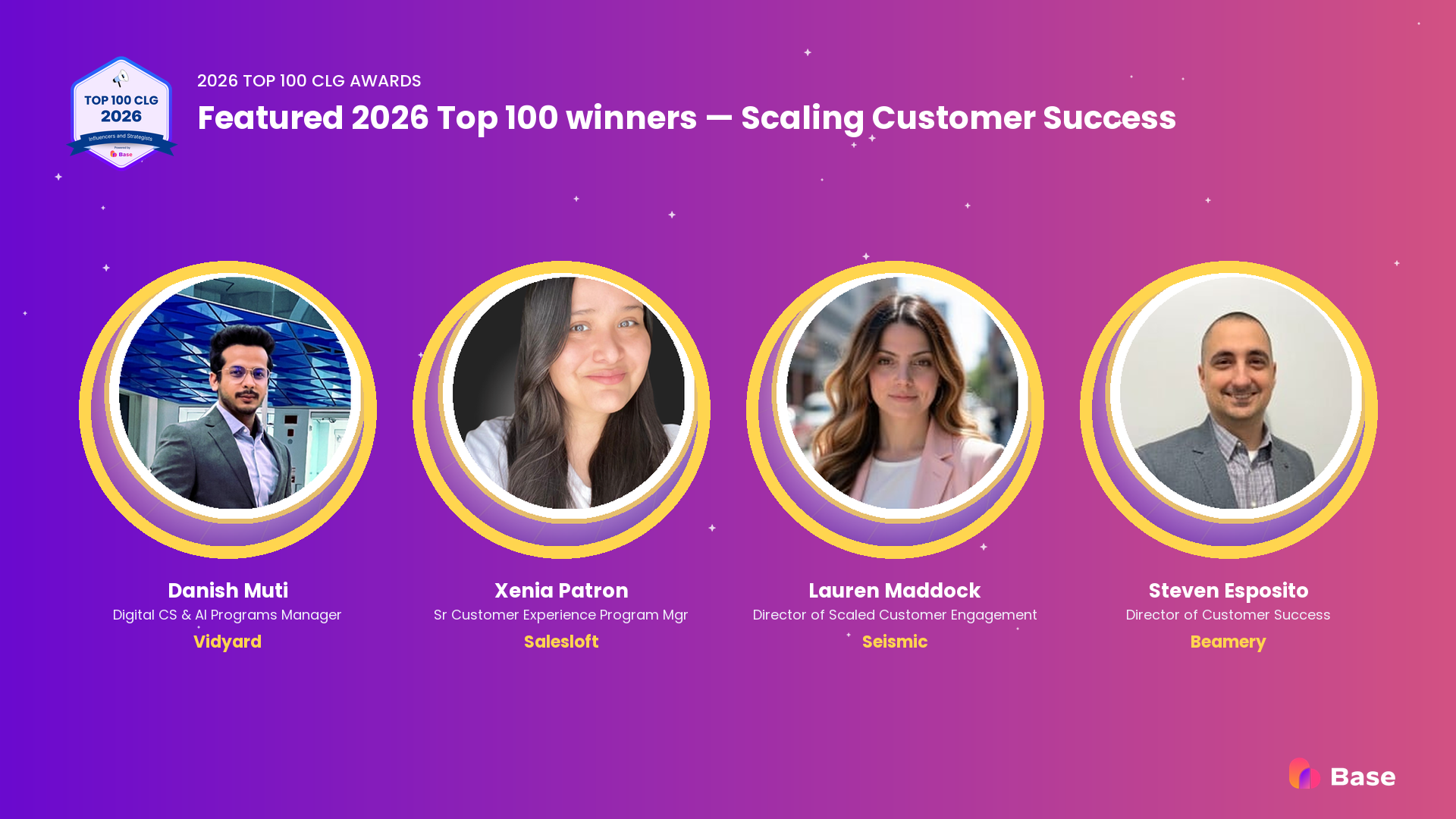 2026 Top 100 CLG Awards winners featured in this blog — Danish Muti (Vidyard), Xenia Patron (Salesloft), Lauren Maddock (Seismic), Steven Esposito (Beamery)