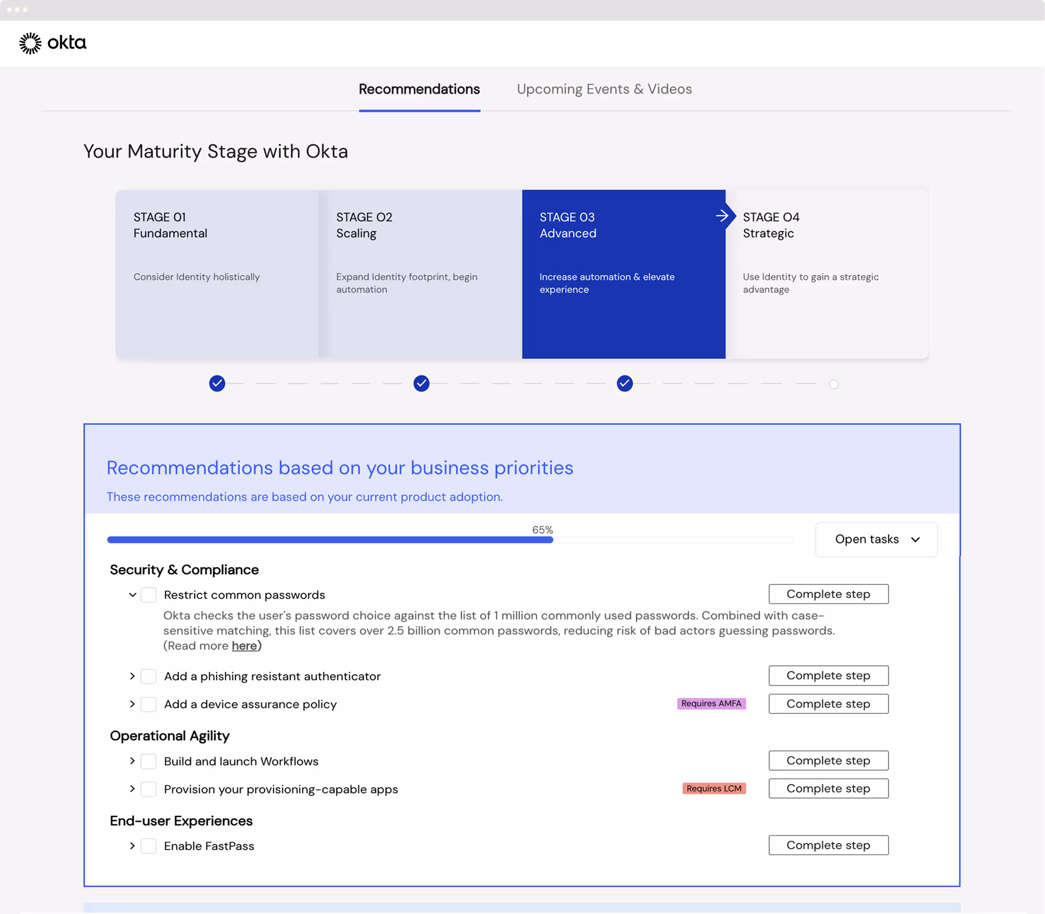 Maturity stage and recommendations. Live usage places each customer on the maturity model and ranks next steps by their goals. Maturity stage