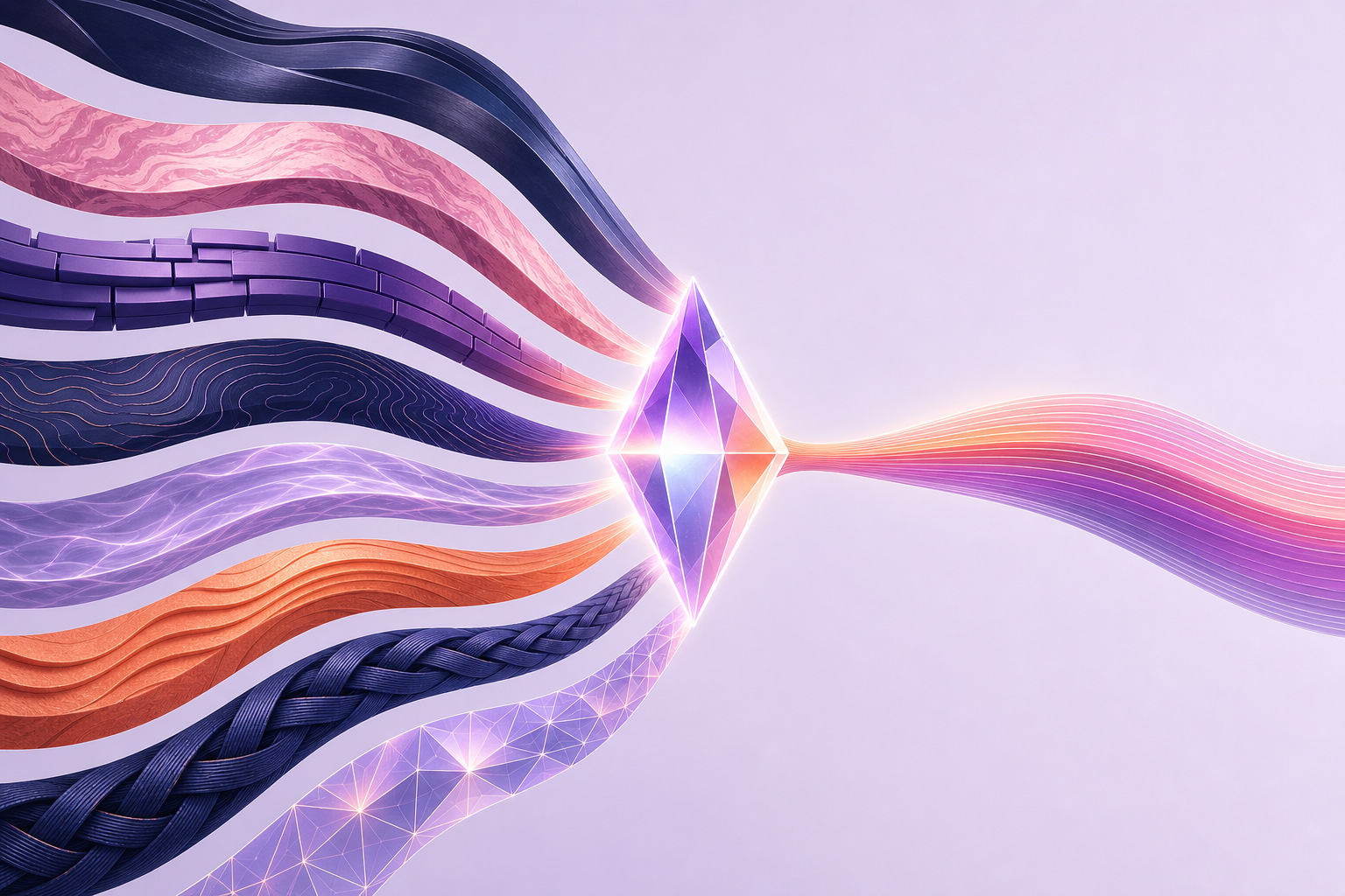 Distinct customer context signals converging into one relevant reference match for a sales moment.