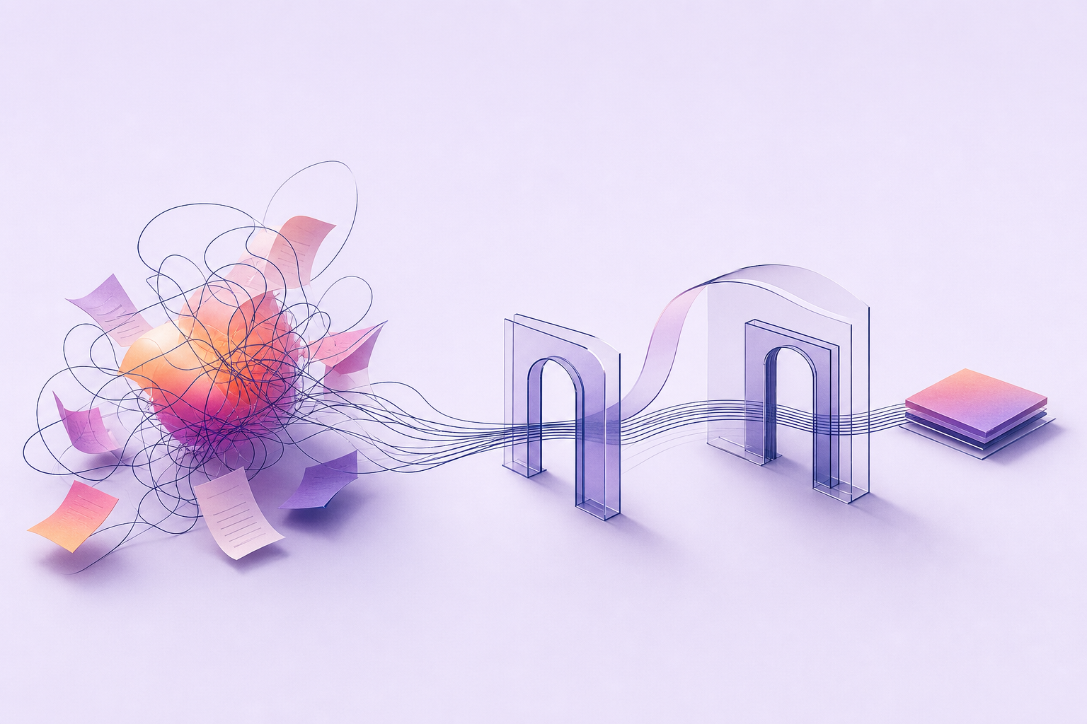 Fragmented manual reference matching flows through governed controls into one organized proof path.
