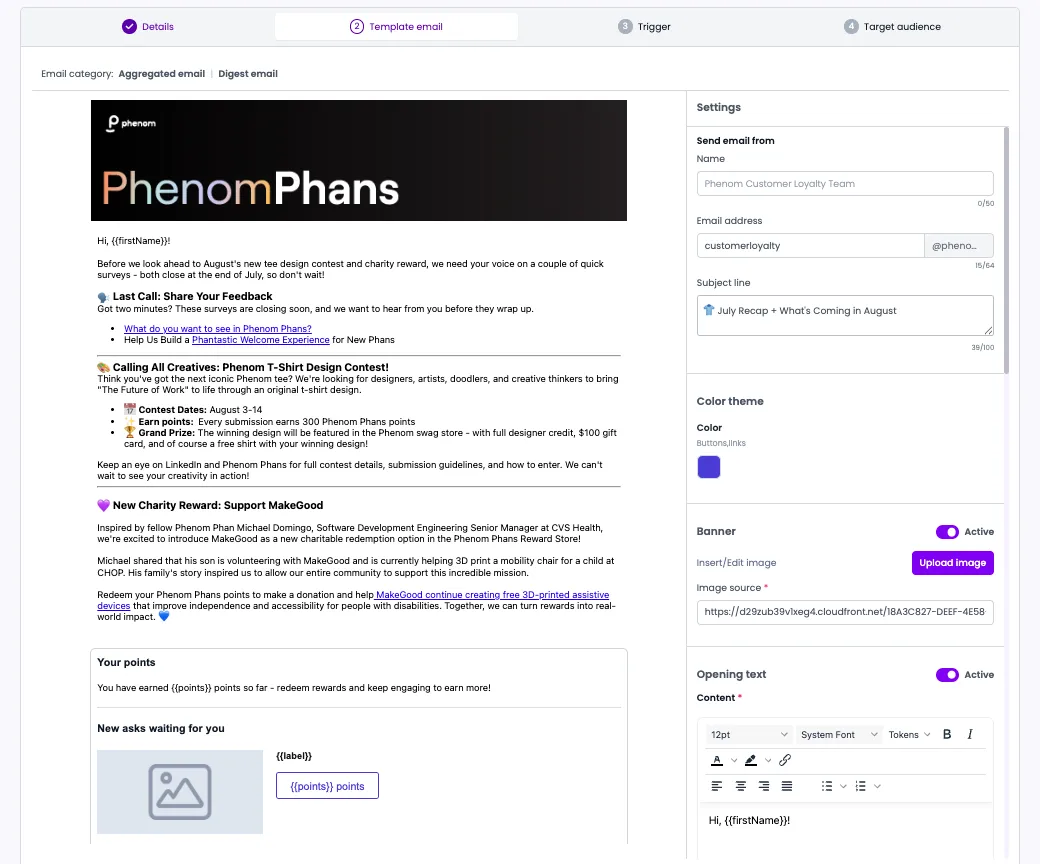 Phenom digest email example. Advocates get a monthly update, a reminder of open asks, and their running point total. Monthly digest