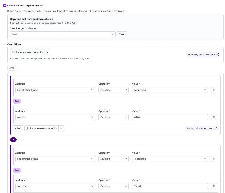 Audience segment example. Asks targeted by job title, so recruiters and executives see different material. Segmenting by role