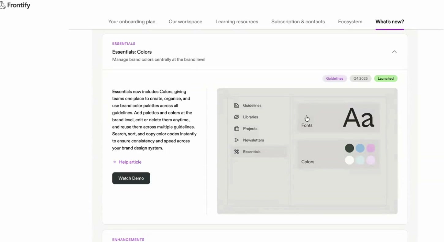 Product highlights. Each update with its status, quarter, help article, and demo, in the same format CSMs used to put on slides. Product highlights