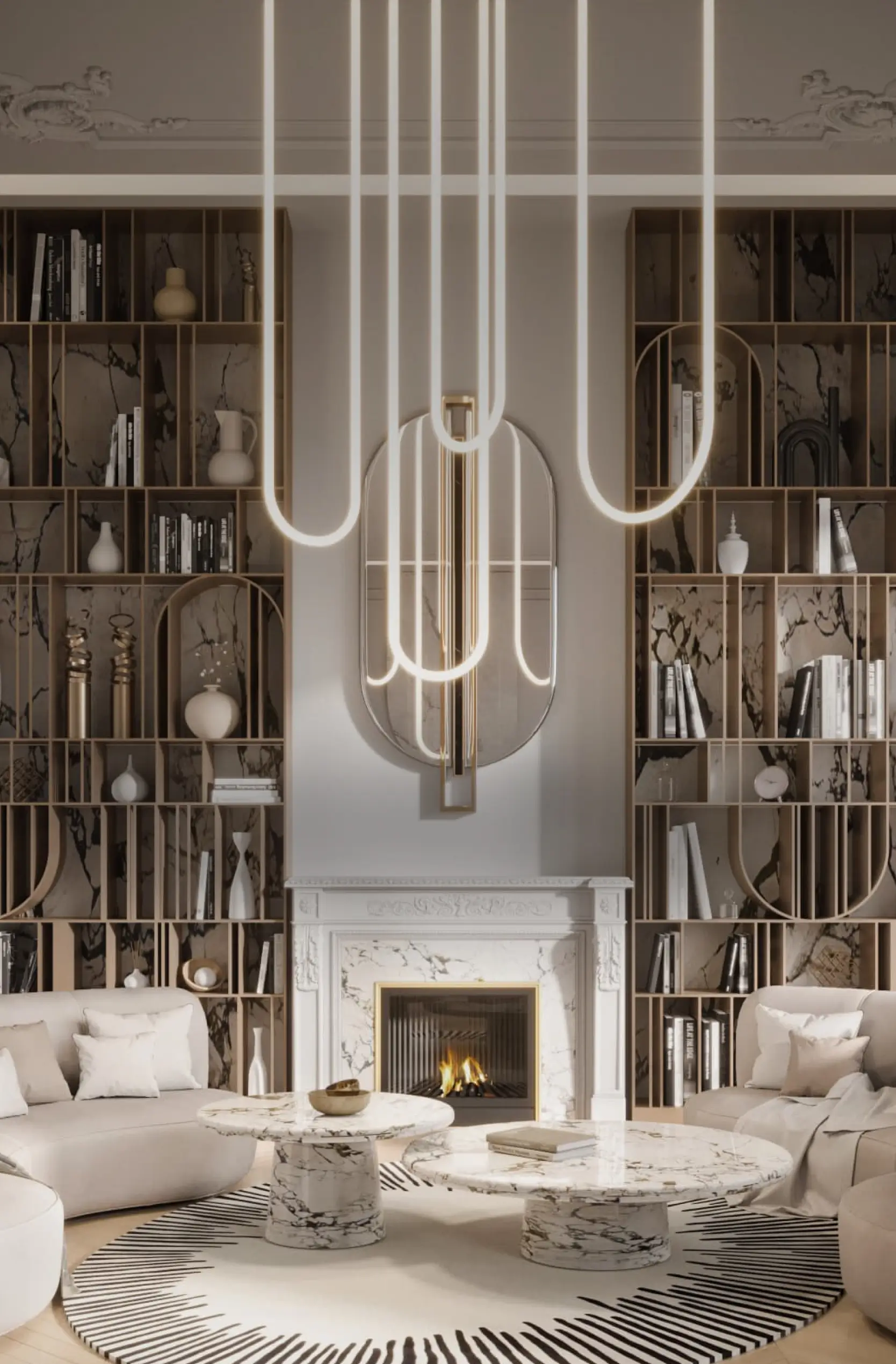 Modern living room with marble fireplace, round marble coffee tables, curved beige sofas, built-in bookshelves, and hanging loop pendant lights.
