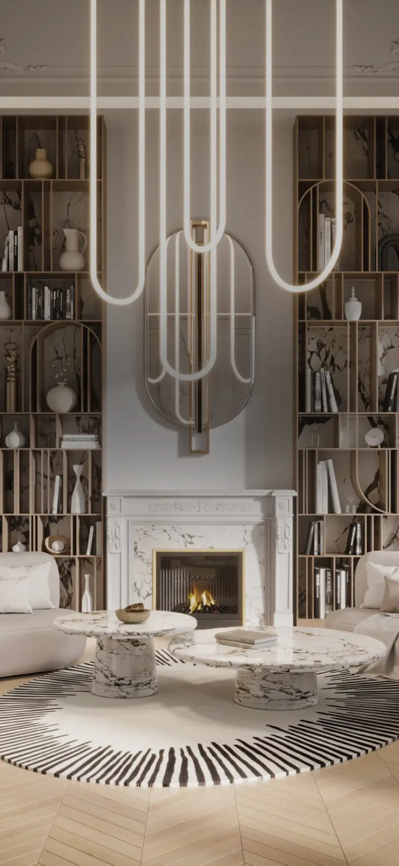 Elegant living room with a marble fireplace, modern curved shelves, two marble coffee tables on a patterned rug, and hanging looped pendant lights.