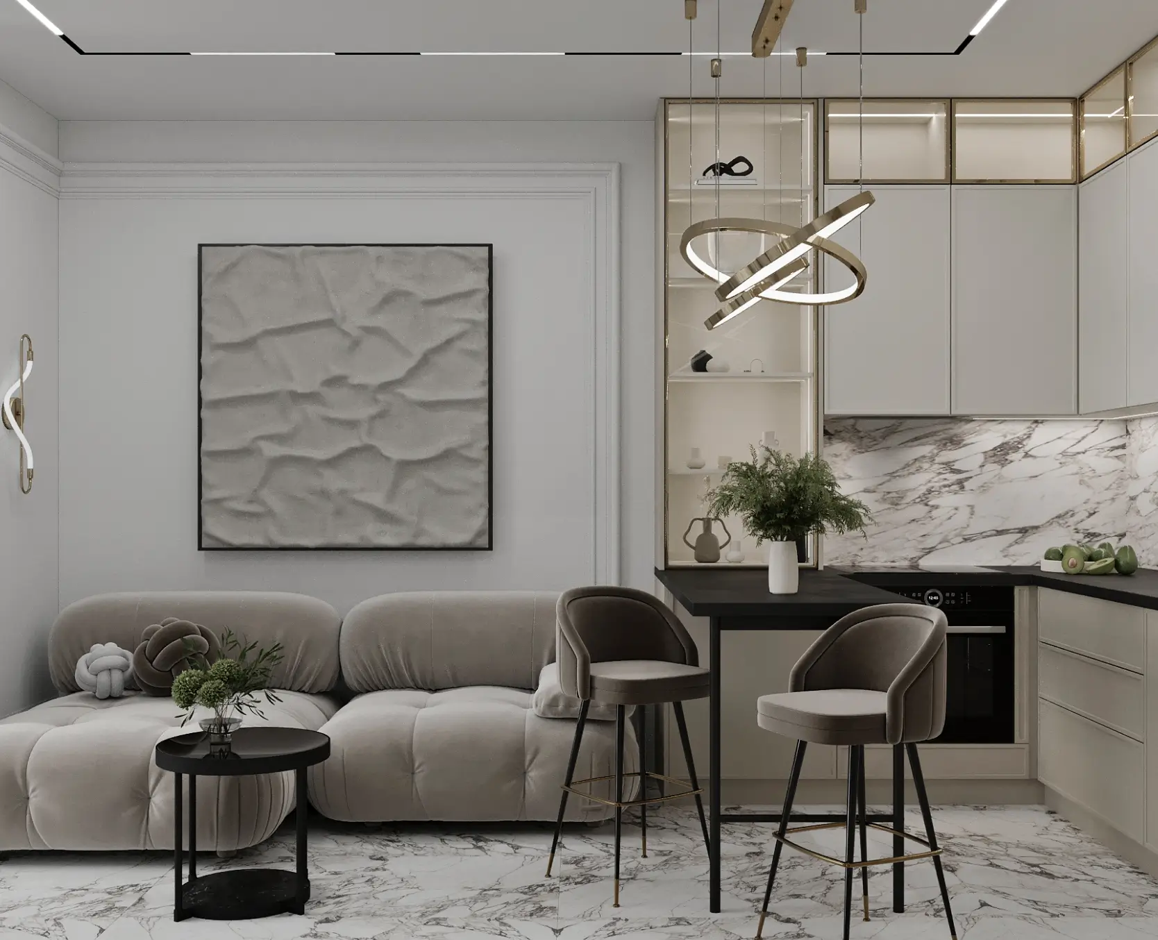 Modern living area with a beige sofa, round black coffee table, two bar stools, and a kitchen with marble backsplash.
