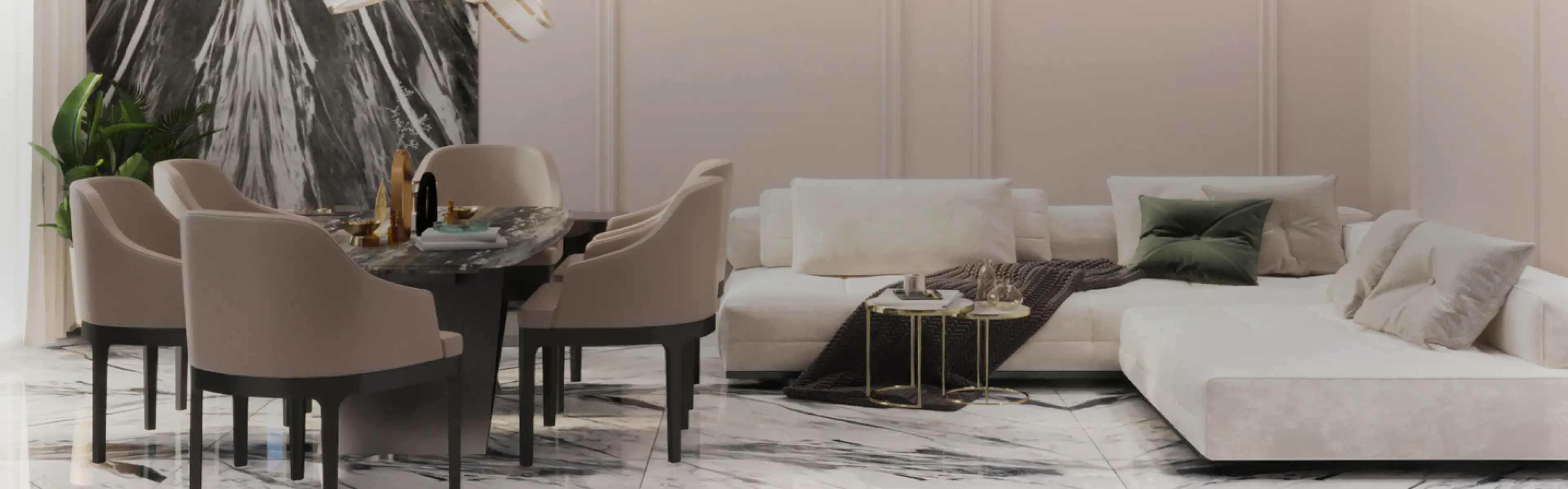 Modern living room with a white sectional sofa, green and beige pillows, marble floor, and a dining table with beige chairs.