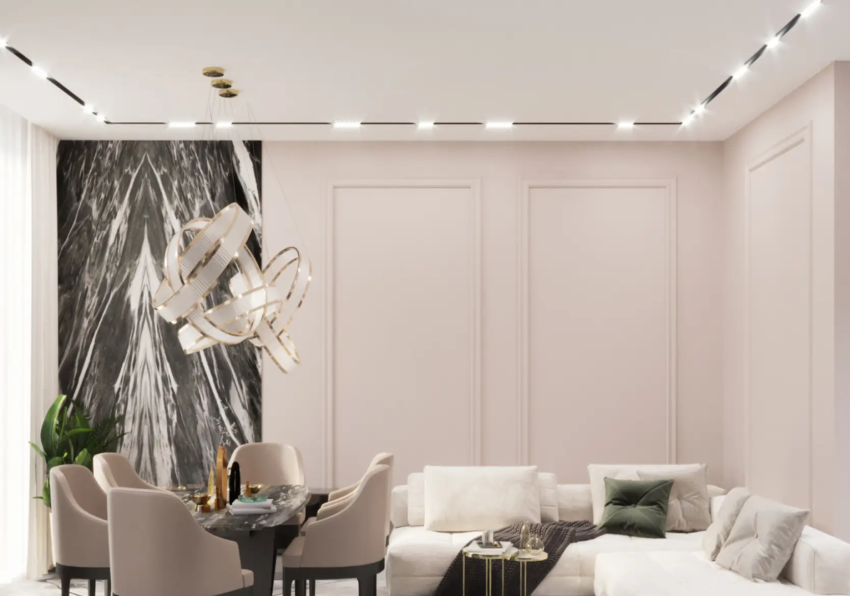 Modern dining and living room with beige chairs, marble table, abstract light fixture, and white sectional sofa.