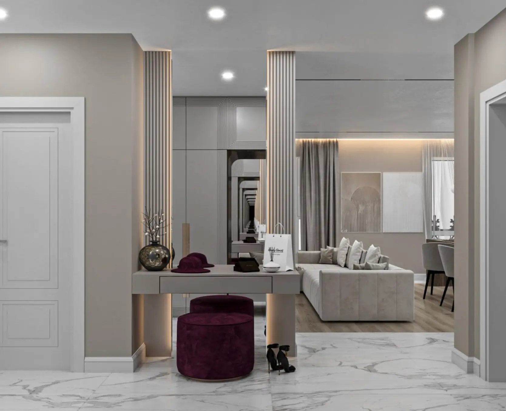 Modern hallway with marble floor, gray floating console, purple ottoman, and beige sofa in living room.