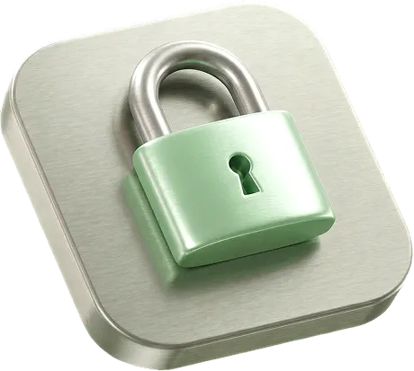 Metallic green padlock on a rounded square silver metallic base, symbolizing security.