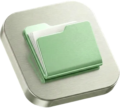 Icon of a green file folder with white papers inside on a metallic square base.