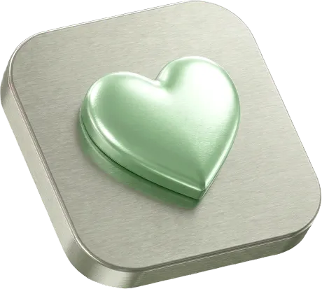 Metallic light green heart shape resting on a brushed silver square platform with rounded corners.