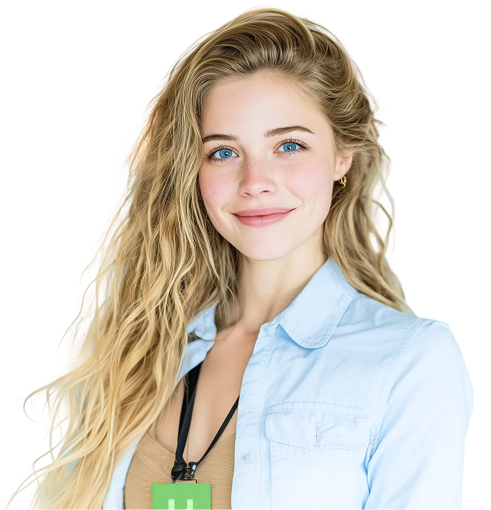Smiling young woman with long blonde hair, blue eyes, wearing a light blue shirt and a lanyard with a green badge.