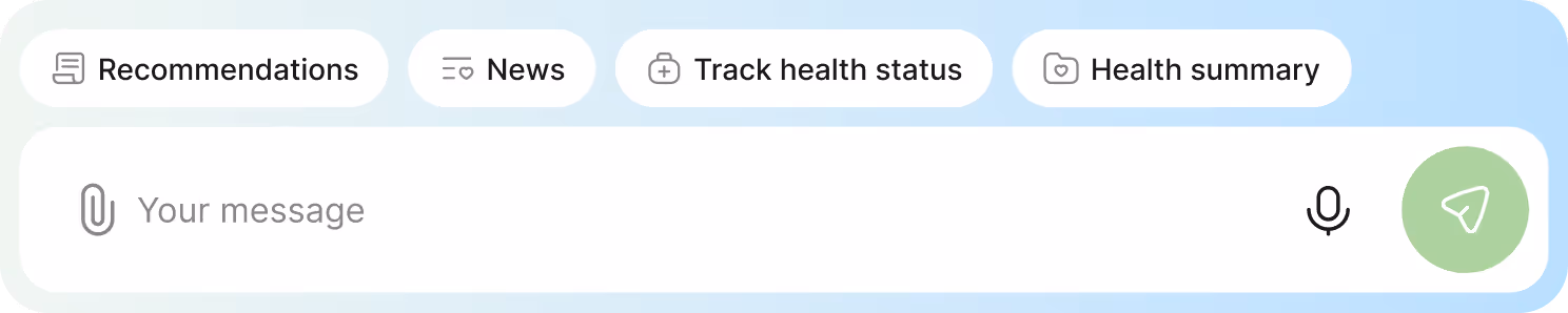 Chat interface with options for Recommendations, News, Track health status, Health summary, and a message input field with attachment, microphone, and send icons.