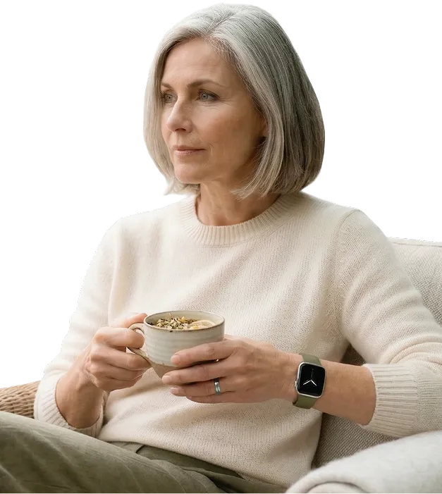 Middle-aged woman with gray hair wearing a cream sweater and smartwatch, sitting and holding a cup of herbal tea.