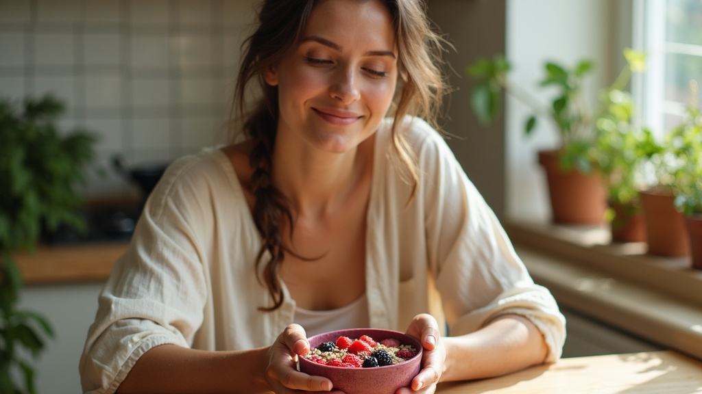 Woman enjoying a colorful smoothie bowl at a sunlit kitchen table in a peaceful morning moment