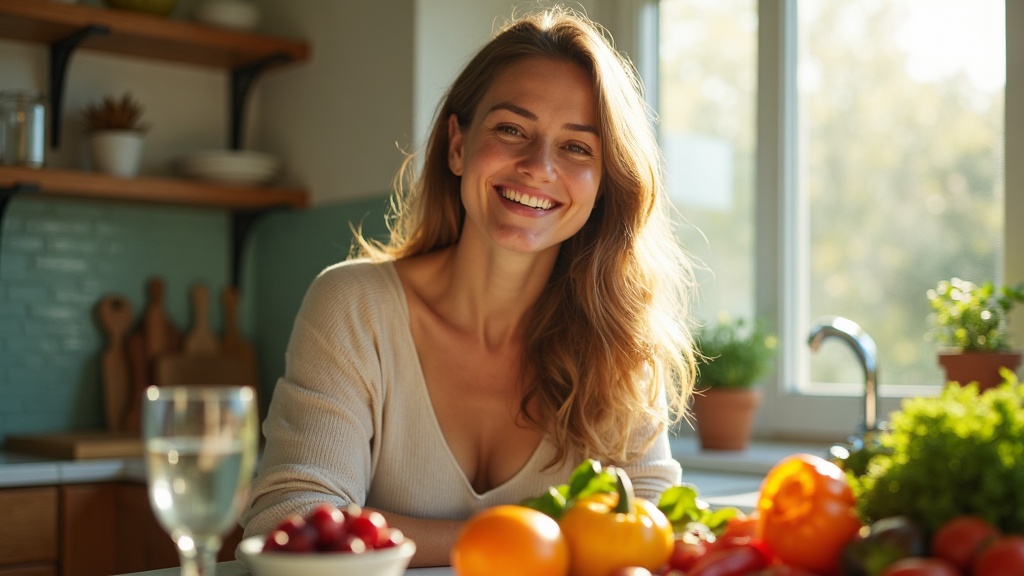 Woman at sunny kitchen counter surrounded by fresh colorful vegetables and berries, warm natural lighting