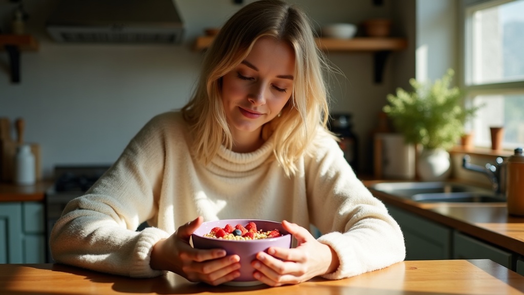 Woman enjoying healthy smoothie bowl at sunlit kitchen table in peaceful morning moment