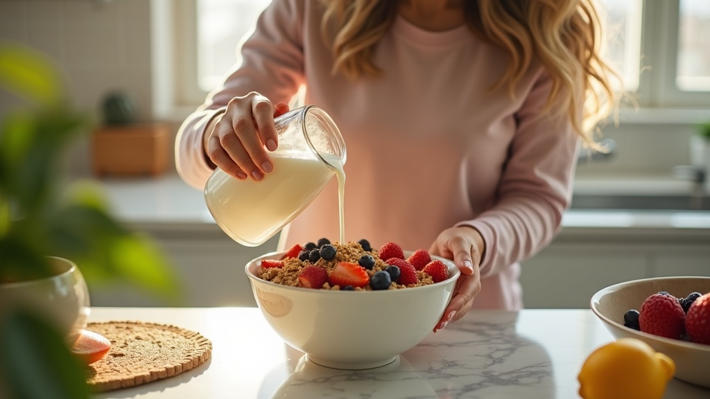Woman preparing healthy breakfast bowl in sunlit kitchen with fresh berries and granola