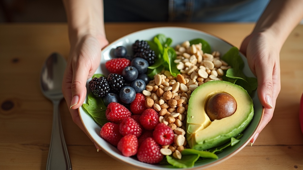Woman preparing colorful anti-inflammatory breakfast bowl with berries, avocado, and greens at kitchen table in natural morning light