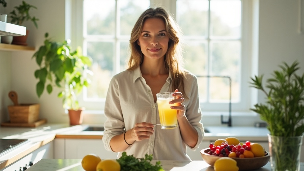 Woman in bright kitchen holding lemon water with fresh greens and berries on counter, morning natural light
