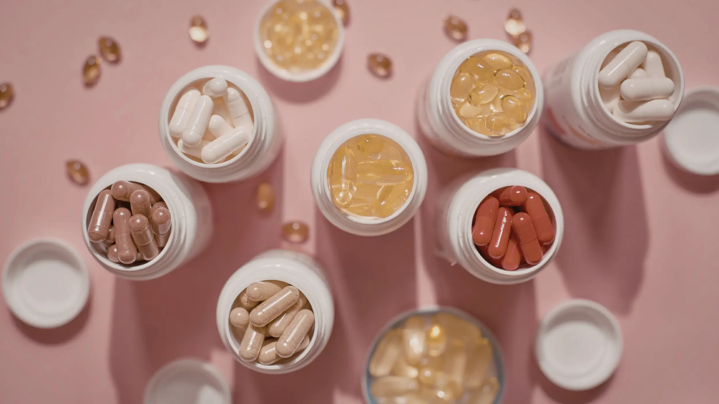 Many supplements on a pink table 
