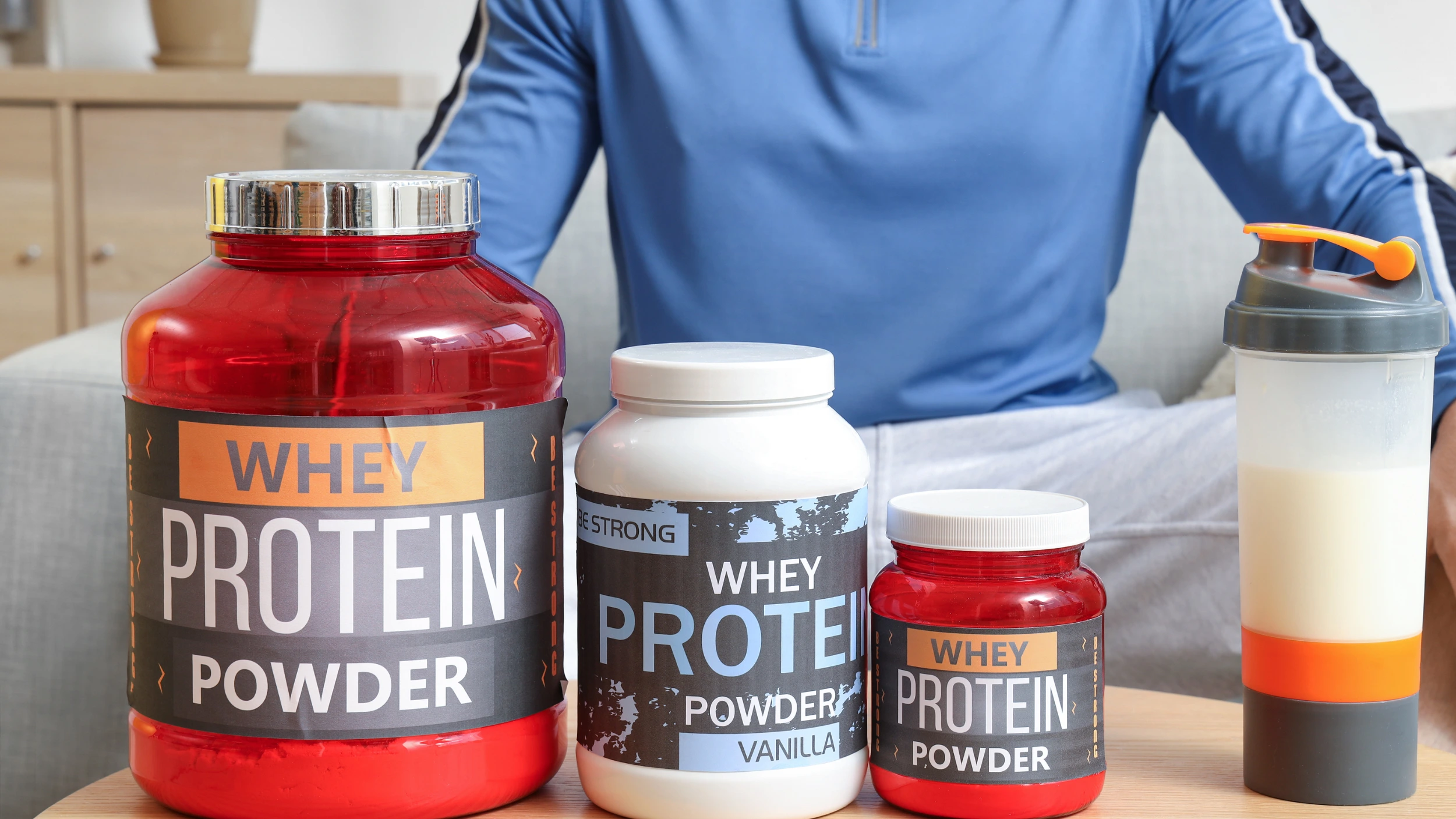 Line up of protein powder on a table