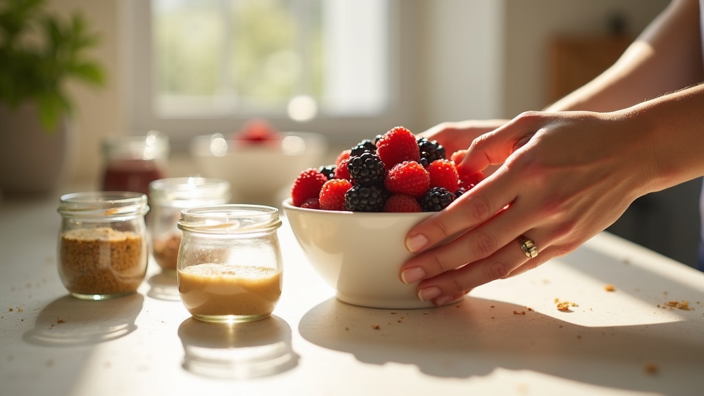 Woman's hands arranging fresh berries and natural sweetener jars on sunlit kitchen counter with shallow depth of field