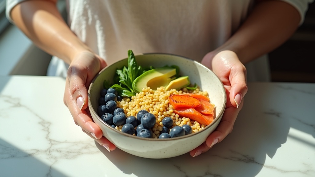 Woman's hands arranging colorful anti-inflammatory foods including salmon, berries, and greens in a bowl on marble counter with natural light