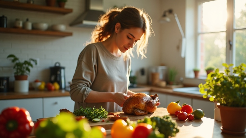 Woman preparing fresh vegetables and rotisserie chicken on kitchen counter with natural window light
