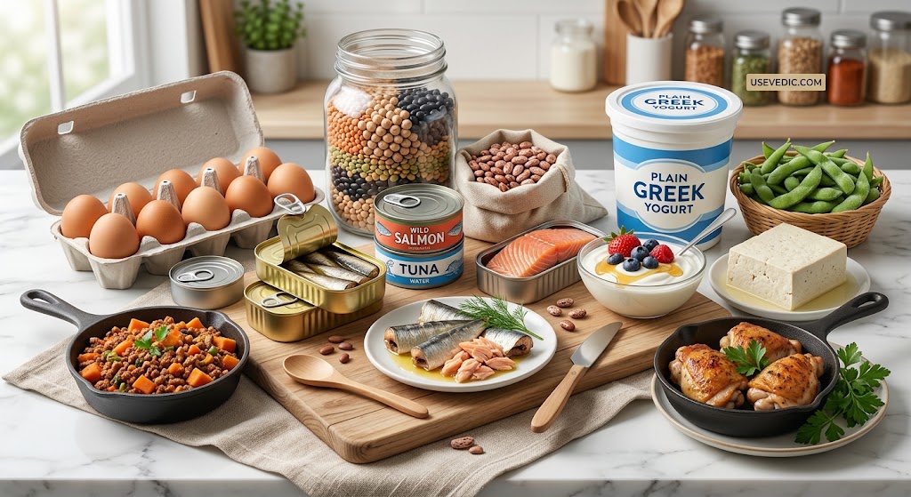 table of high protein budget friendly foods