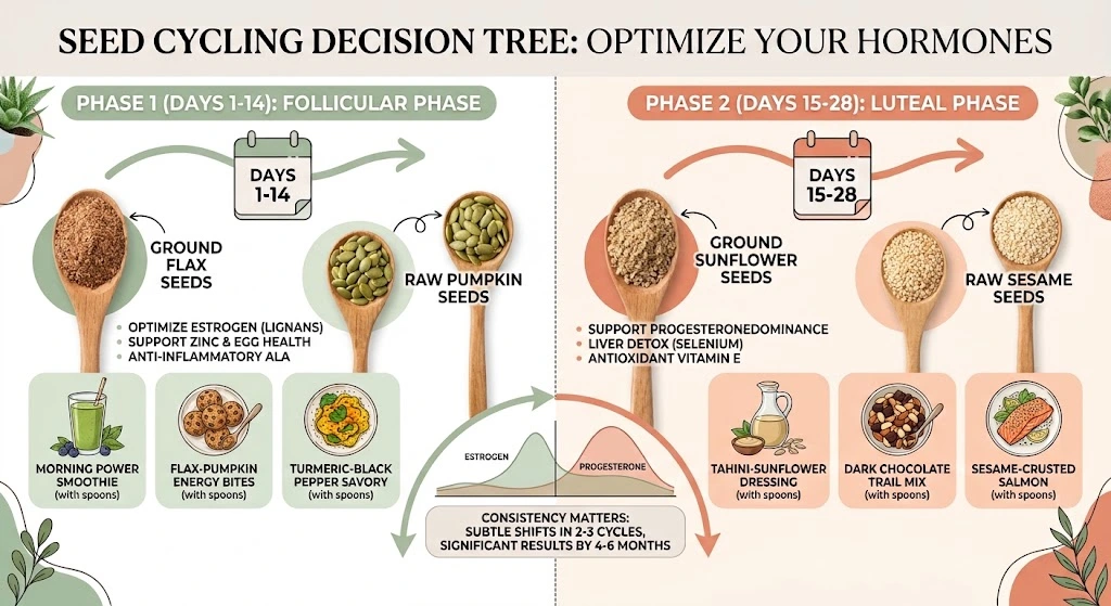 Seed cycling chart showing Phase 1 flax and pumpkin seeds for the follicular phase on the left, and Phase 2 sunflower and sesame seeds for the luteal phase on the right.