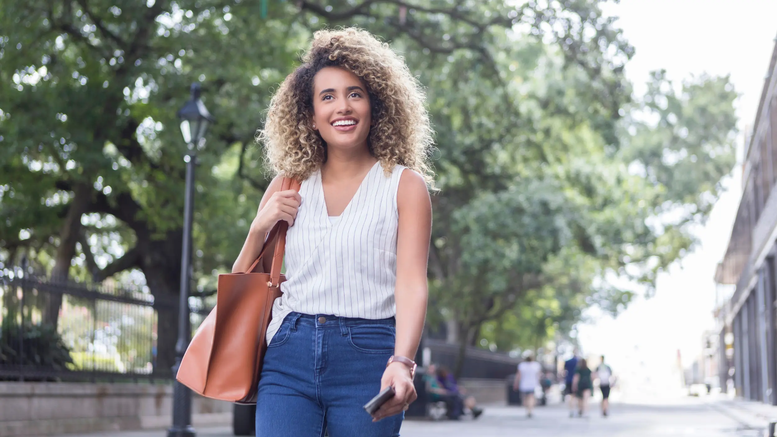 Woman with energy walking to work