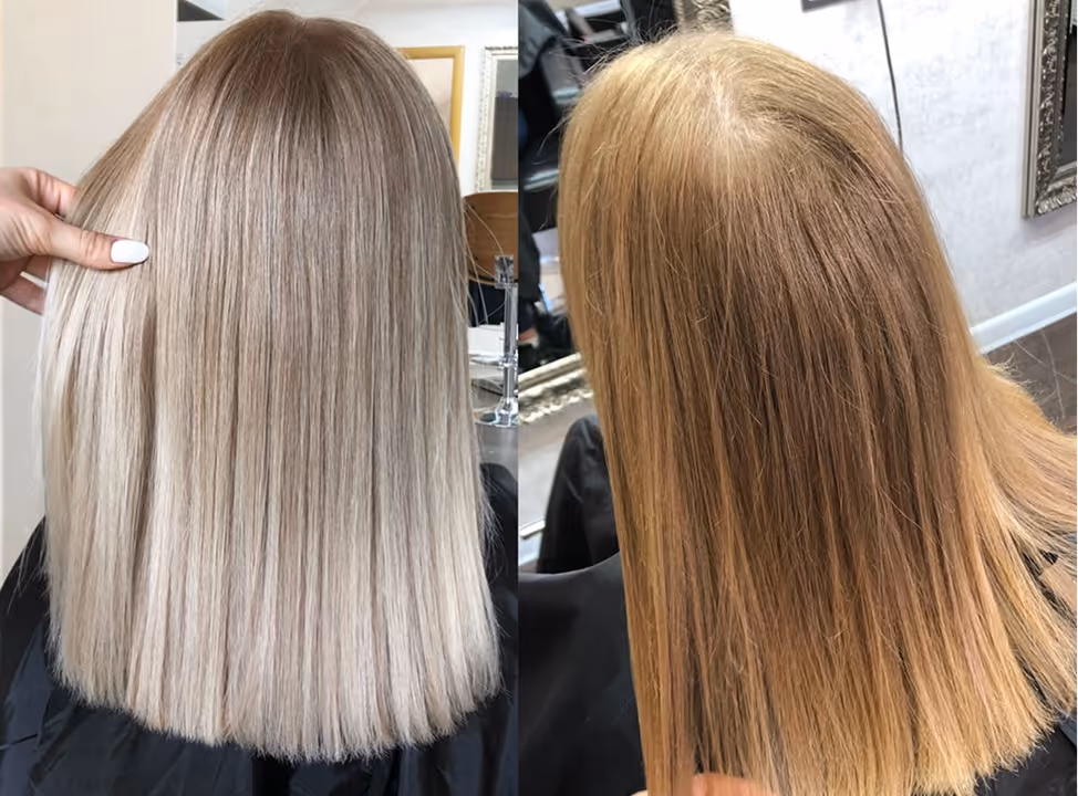 Vorher-Nachher Vergleich – warme Blondtöne im Salon