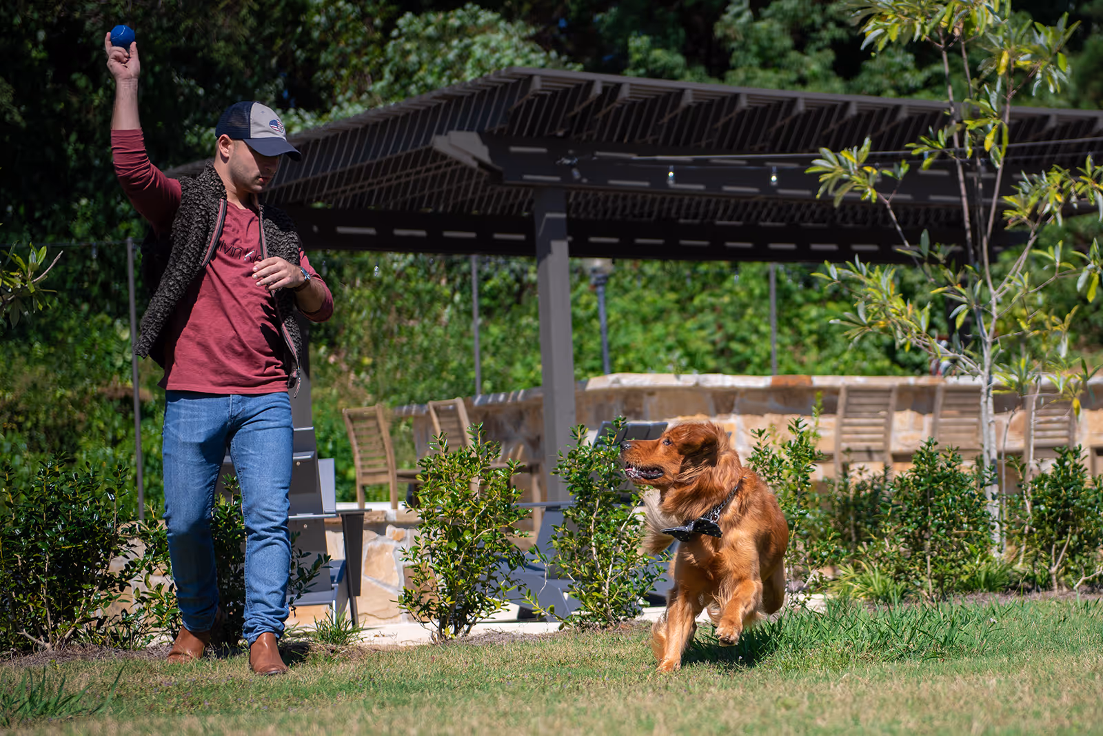 Man throwing ball with dog