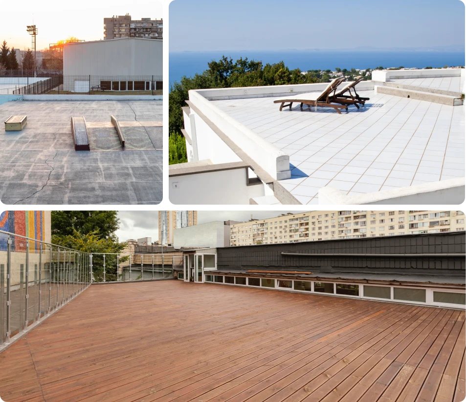 Collage di tre scene su tetti: una copertura piana in cemento con ringhiere e edifici al tramonto, un tetto piastrellato bianco con due lettini in legno affacciati su verde e mare, e una terrazza in legno con parapetto in vetro in contesto urbano.