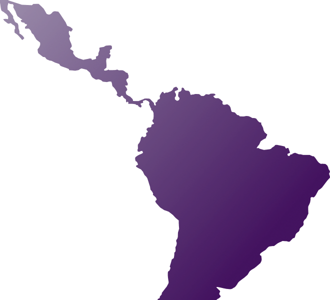 Mapa da América Latina estilizado em roxo representando atuação da Bravo Games