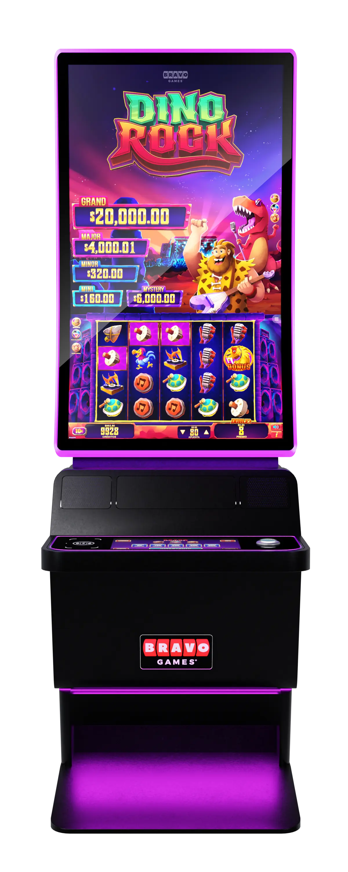 Gabinete de jogo Dino Rock da Bravo, slot físico vertical 5x4 com interface e iluminação roxa