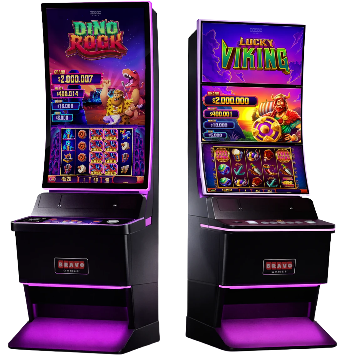 Hero image com gabinetes de slots Dino Rock e Lucky Viking da Bravo, visão frontal, iluminação roxa, composição do portfólio