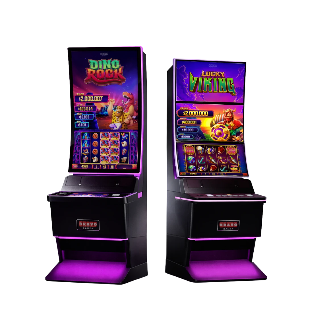 Hero image com gabinetes de slots Dino Rock e Lucky Viking da Bravo, visão frontal, iluminação roxa, composição do portfólio