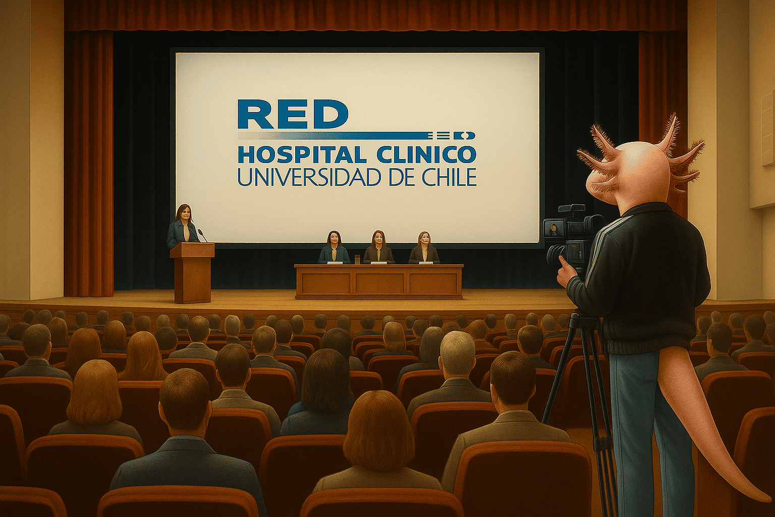 Un ajolote camarógrafo fotografiando las Jornadas de investigación, evento de divulgación científica en el Hospital Clínico de la Universidad de Chile.
