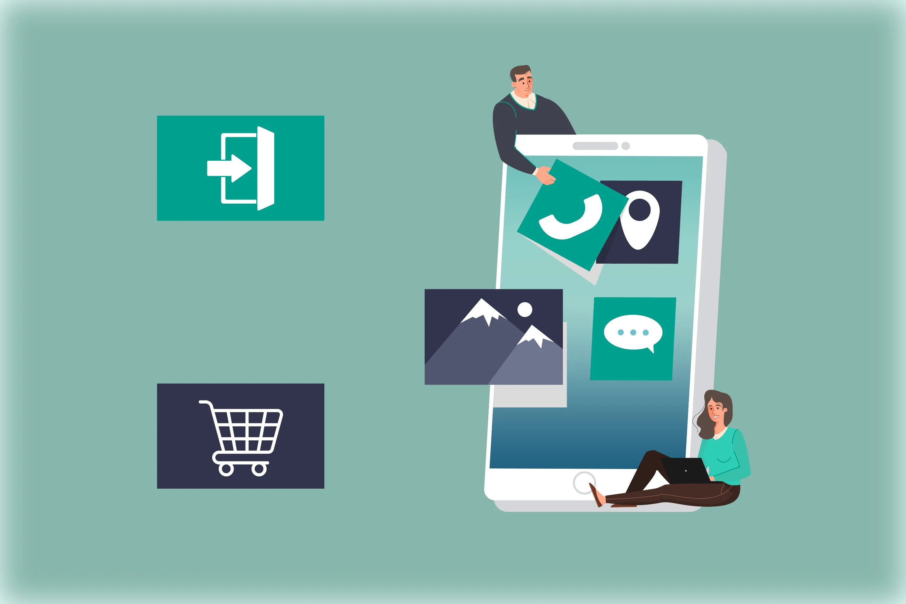 Dos personas alrededor de un celular gigante cuya interfaz tiene elementos relacionados con los principios de usabilidad para el diseño UI.