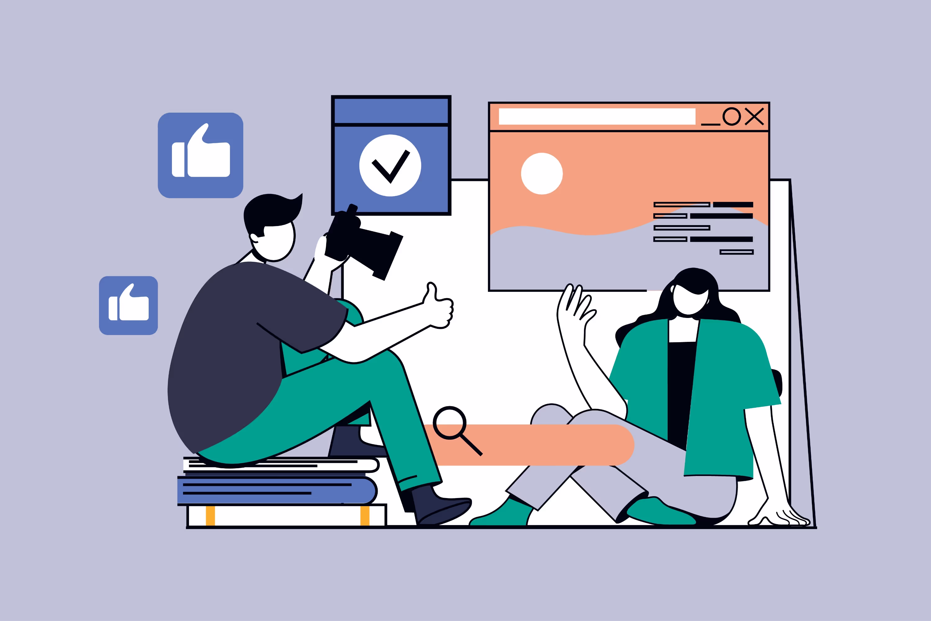 Ilustración de un hombre haciendo una sesión fotográfica con una mujer para las redes sociales.