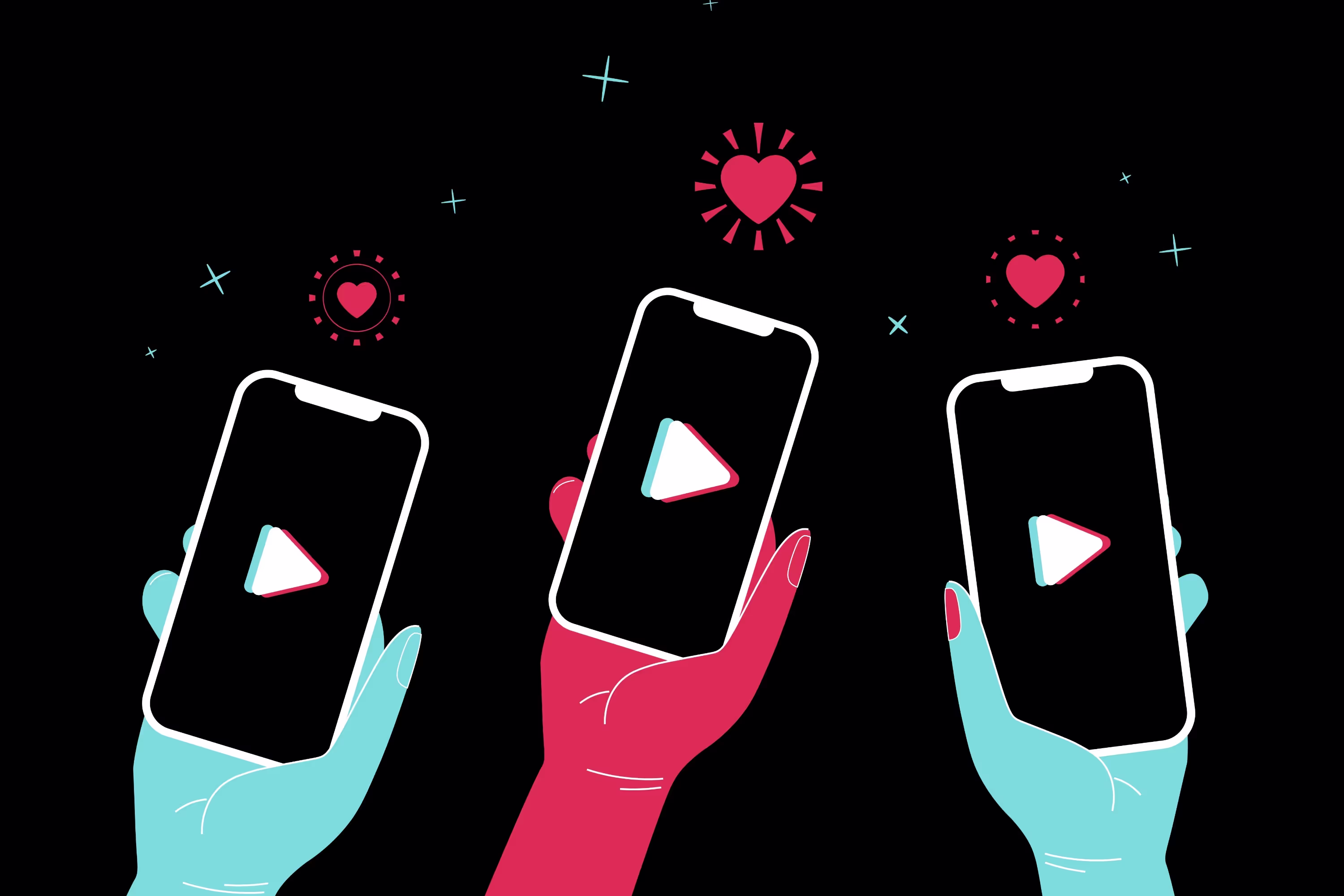 Ilustración de dos manos celestes y una rosada sosteniendo celulares que contienen el logo de TikTok.
