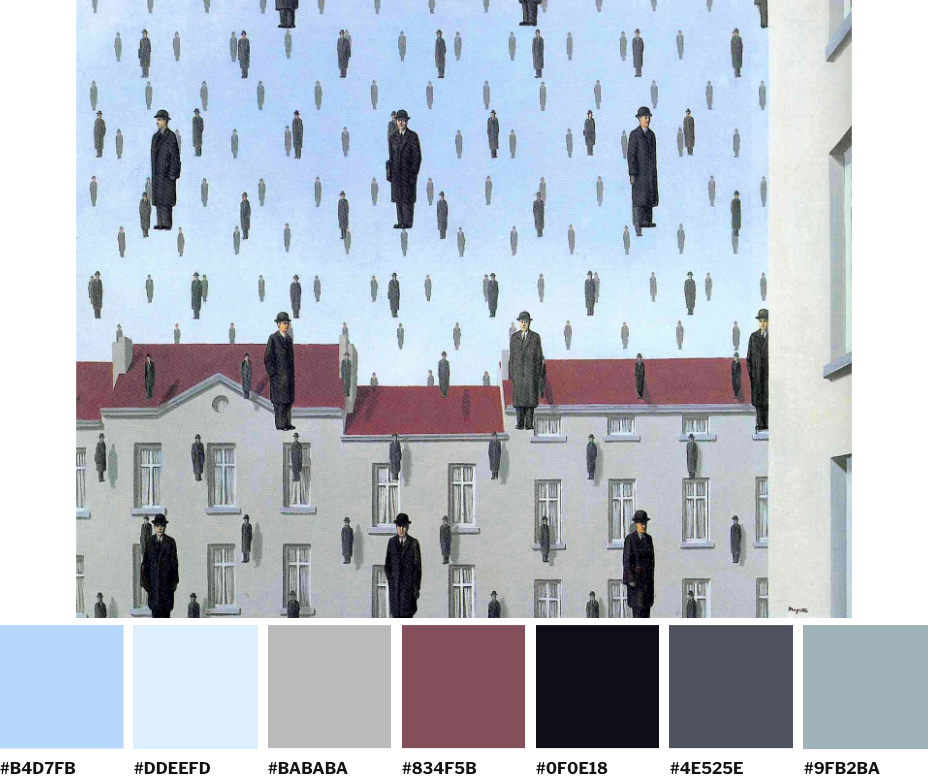 Pintura Golconda del pintor surrealista belga René Magritte del 1953 con su paleta de colores.