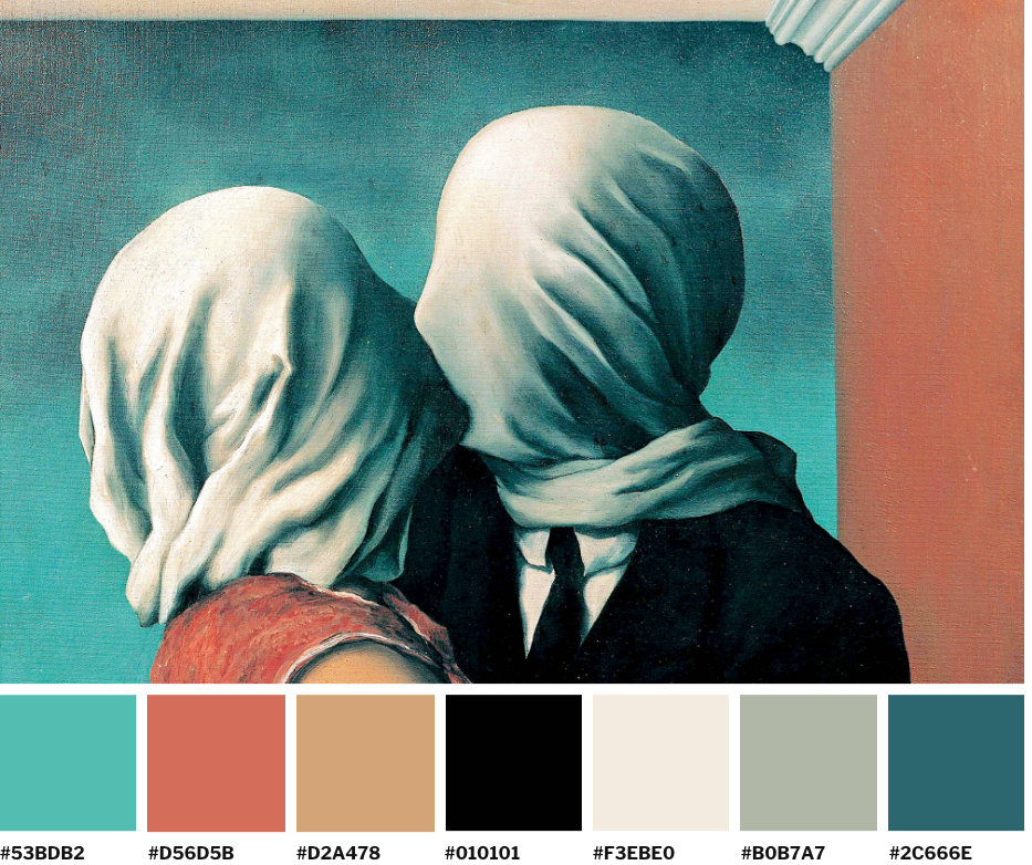Pintura "Los amantes" del pintor surrealista belga René Magritte del 1928 con su paleta de colores.