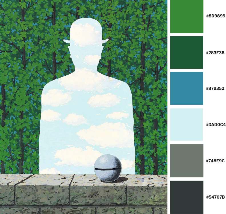 Pintura "El hermoso paseo" del pintor surrealista belga René Magritte del 1965 con su paleta de colores.