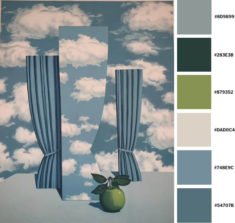 Pintura "El bello mundo" del pintor surrealista belga René Magritte del 1962 con su paleta de colores.